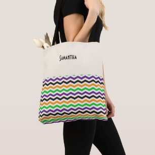 Bolsa Tote Halloween Chevron Green Purple Black Orange Name