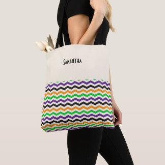 Bolsa Tote Halloween Chevron Green Purple Black Orange Name