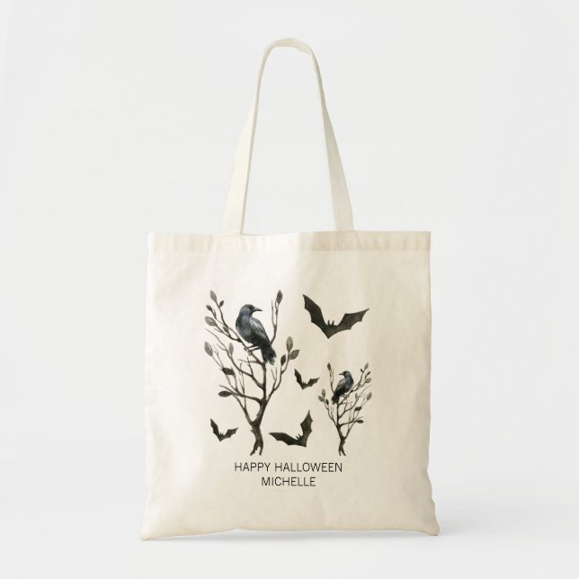 Bolsa Tote Halloween Crows Bats Watercolor Nome Personalizado (Frente)
