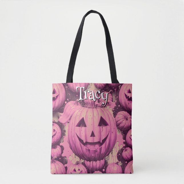 Bolsa Tote Halloween de abóbora rosa monograma (Frente)