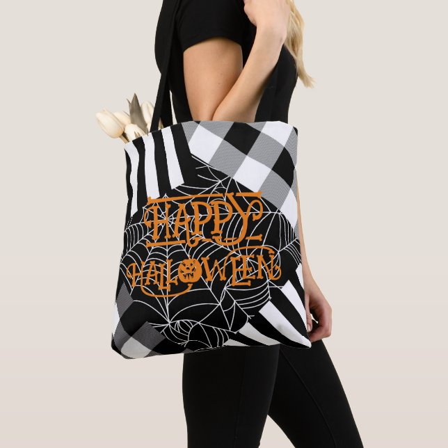 Bolsa Tote Halloween de retalhamento na Web em Aranha Preta e (Close Up)