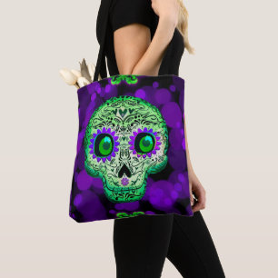 Bolsa Tote Halloween do Crânio de Açúcar Verde e Roxo