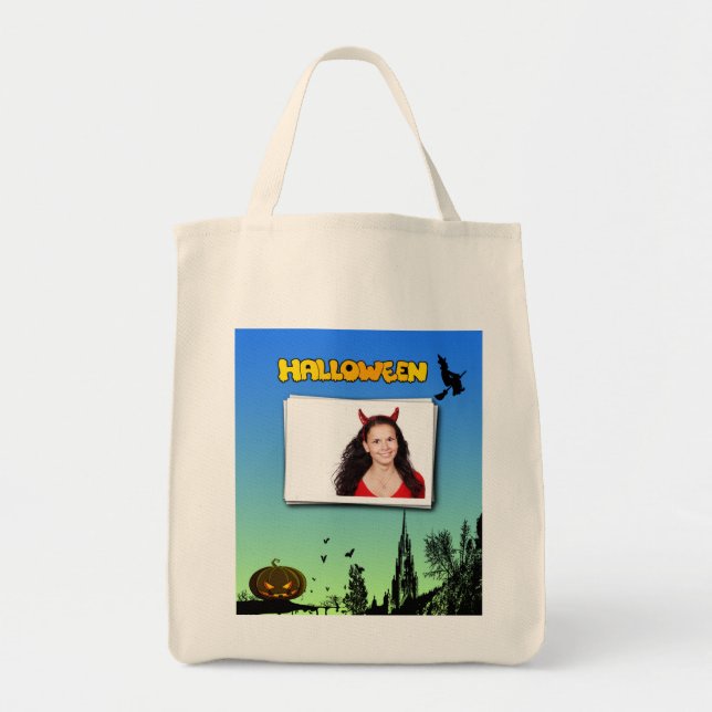 Bolsa Tote Halloween Dusk com Witch Adicionar Fotografia (Frente)