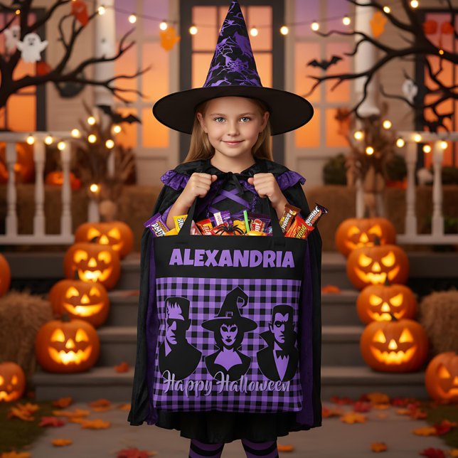 Bolsa Tote Halloween Frankenstein Witch Vampire Purple Plaid (Criador carregado)