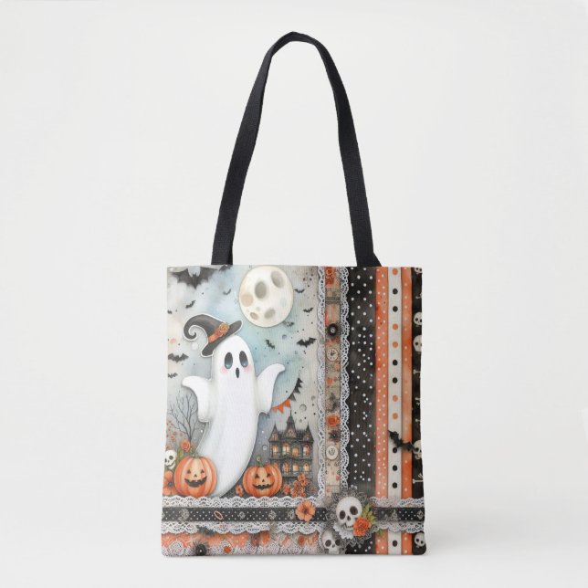 Bolsa Tote Halloween Haunted House Ghost Pumpkin Bats (Frente)