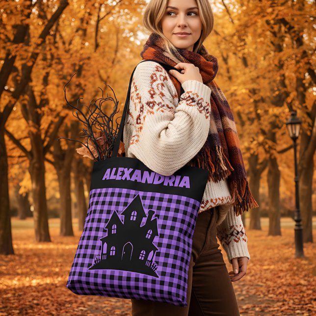 Bolsa Tote Halloween Haunted House Purple & Black Plaid Name (Criador carregado)