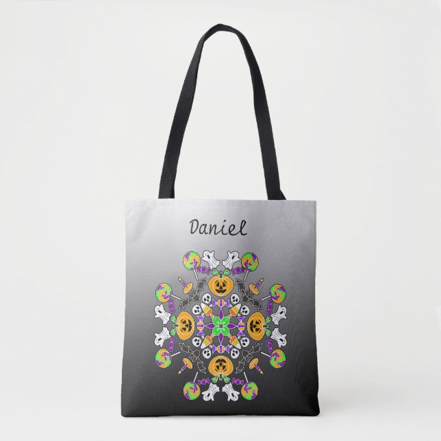 Bolsa Tote Halloween Mandala Ghosts, Pumpkins, Morcegos e Crâ (Frente)