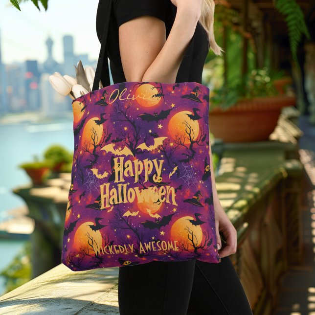 Bolsa Tote Halloween personalizado com bruxas, morcegos e lua (Criador carregado)
