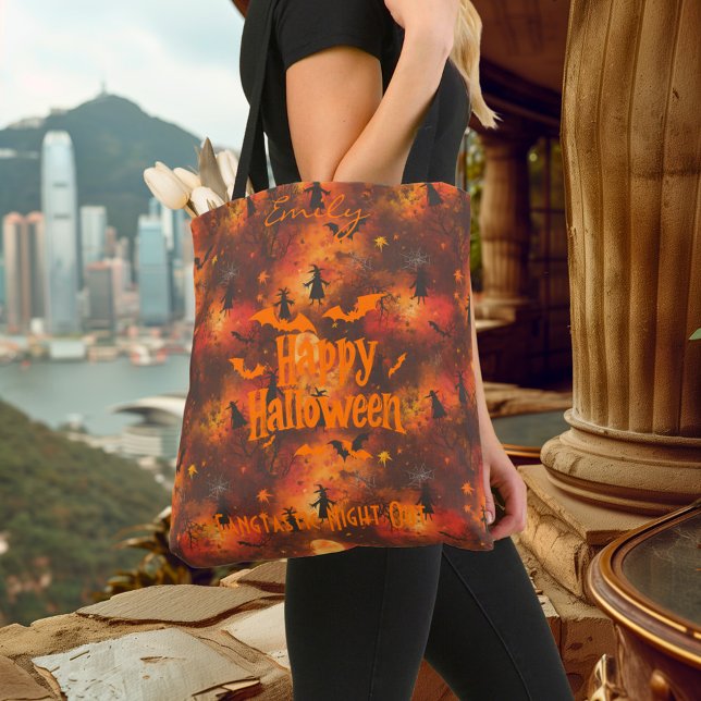 Bolsa Tote Halloween personalizado com morcegos, bruxas e lua (Criador carregado)