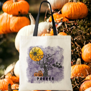 Bolsa Tote Halloween Pumpkins Bat Spooky Nome da Árvore Roxo