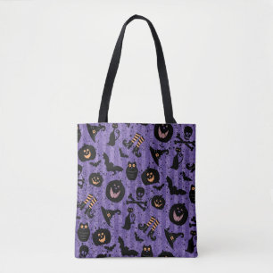 Bolsa Tote Halloween Pumpkins Bats Skulls Witls Boots Roxo
