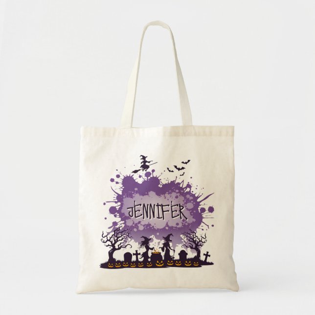 Bolsa Tote Halloween Purple Name Personalizado, Witch Graveya (Frente)