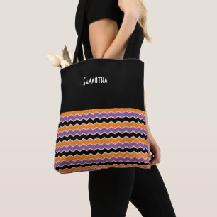 Bolsa Tote Halloween Retro 1950s Chevron Black Orange Name