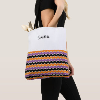 Bolsa Tote Halloween Retro 1950s Chevron White Orange Name