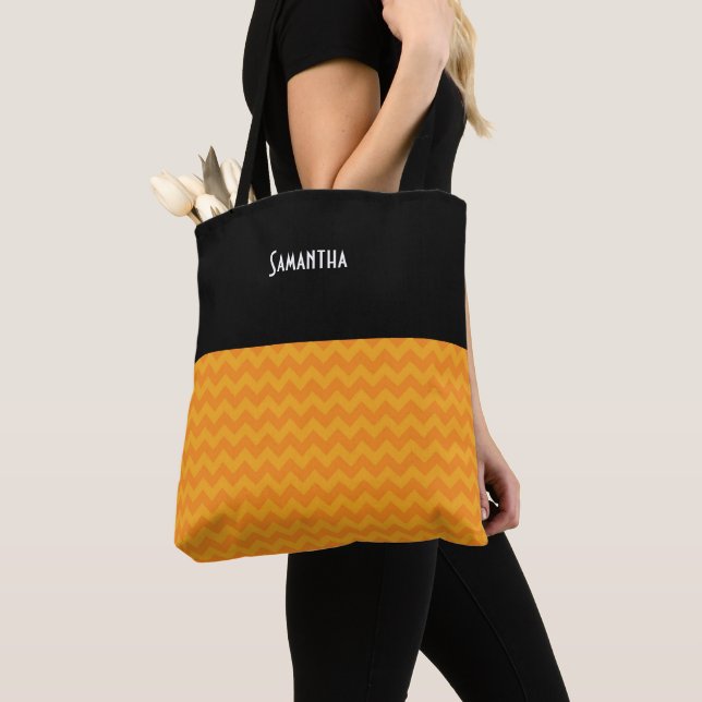 Bolsa Tote Halloween Retro Bright Orange Chevron Black (Close Up)