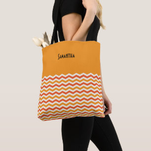Bolsa Tote Halloween Retro Chevron Bright Orange White Name