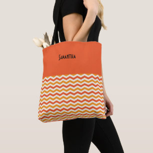 Bolsa Tote Halloween Retro Chevron Pumpkin Orange White Name