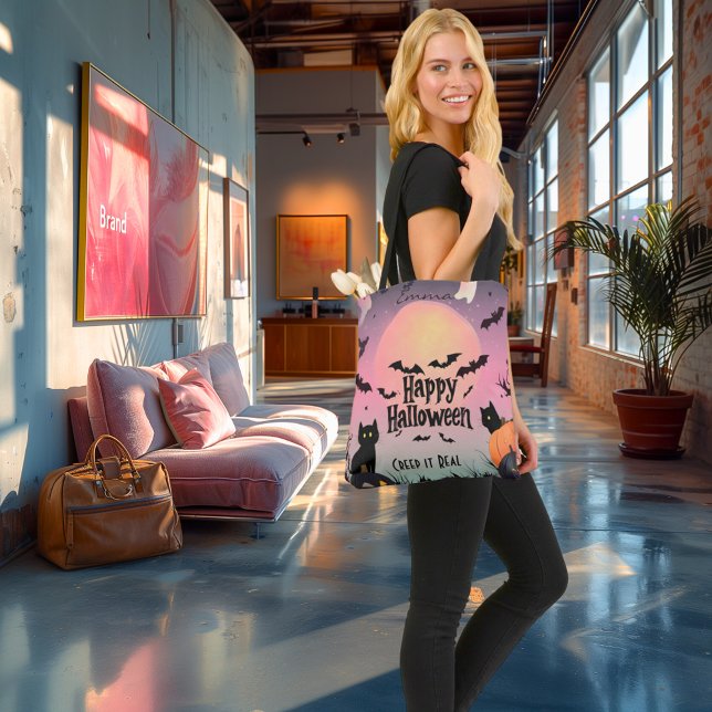 Bolsa Tote Halloween rosa e preto com morcegos e gatos pretos (Criador carregado)