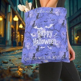 Bolsa Tote Halloween roxo com gatos pretos e morcegos
