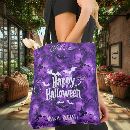 Bolsa Tote Halloween roxo com morcegos e bruxas voando