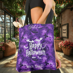 Bolsa Tote Halloween roxo com morcegos e bruxas voando