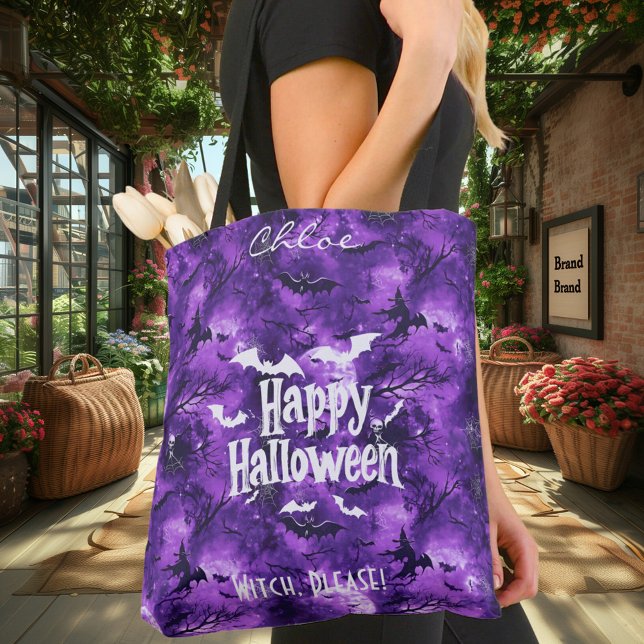 Bolsa Tote Halloween roxo com morcegos e bruxas voando (Criador carregado)