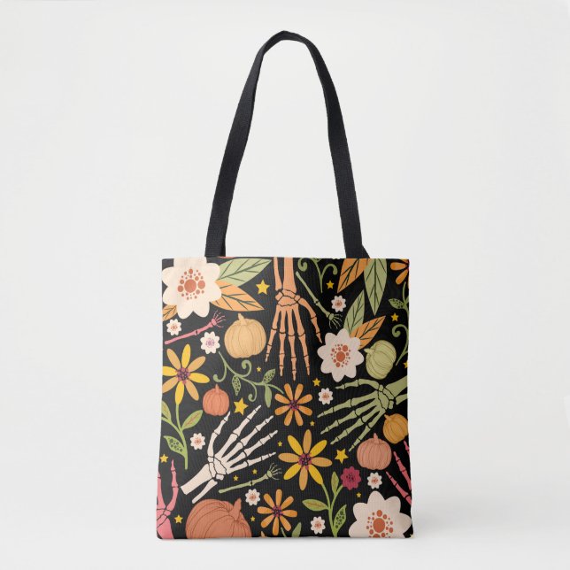 Bolsa Tote Halloween seamless pattern with bones and floral e (Frente)