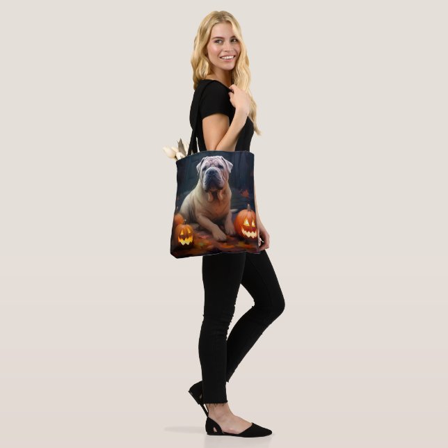 Bolsa Tote Halloween Shar Pei Com Pumpkins Assustado (No(a) Modelo)