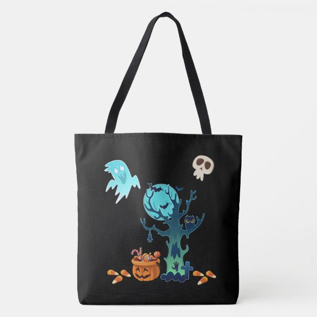 Bolsa Tote Halloween Spooky Ghosts Bats Skulls & Candy (Frente)