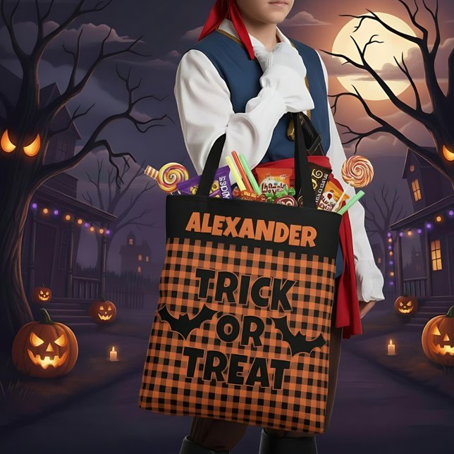 Bolsa Tote Halloween Trick or Treat Orange & Black Plaid Name (Criador carregado)