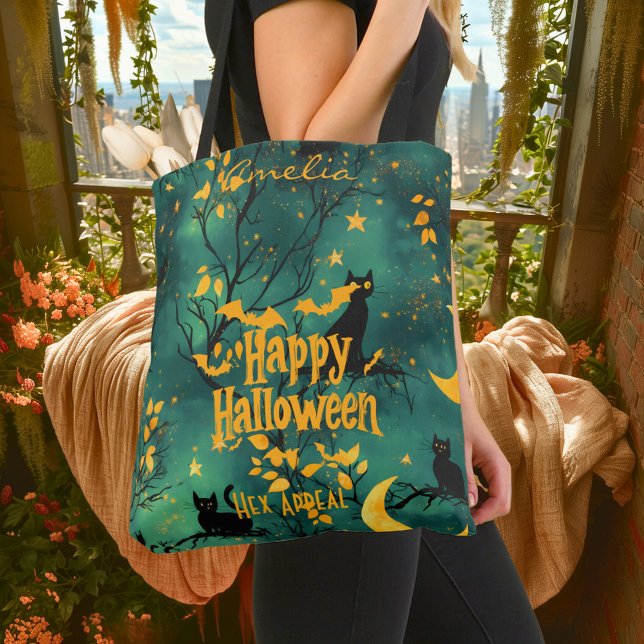 Bolsa Tote Halloween verde com gatos pretos e lua crescente (Criador carregado)