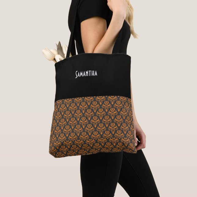 Bolsa Tote Halloween Victorian Damask Black Orange Name (Close Up)