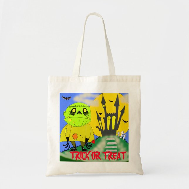 Bolsa Tote Halloween Zombie e Castle Trick ou Treat (Frente)