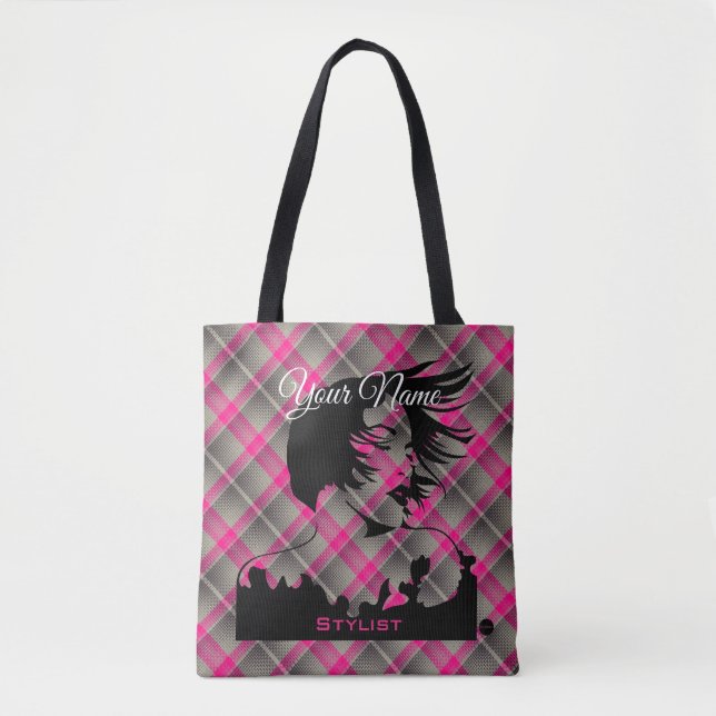 Bolsa Tote HAMbyWhiteGlove Hairdresser Theme com Xadrez rosa (Frente)