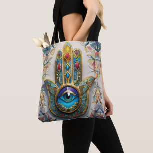 Bolsa Tote Hamsa do Terceiro Olho Azul-Verde com Filigrana Co