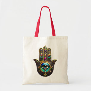 Bolsa Tote Hamsa Dourado Marrom Colorido Terceiro Olho Arco-í