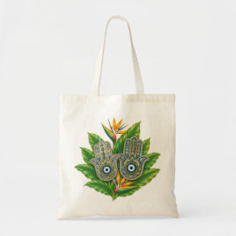 Bolsa Tote Hamsa Olho do Mal com Flor de Pássaro do Paraíso T