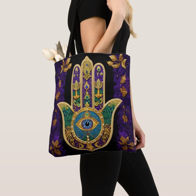 Bolsa Tote Hamsa Terceiro Olho Dourado Ornamentado (Close Up)