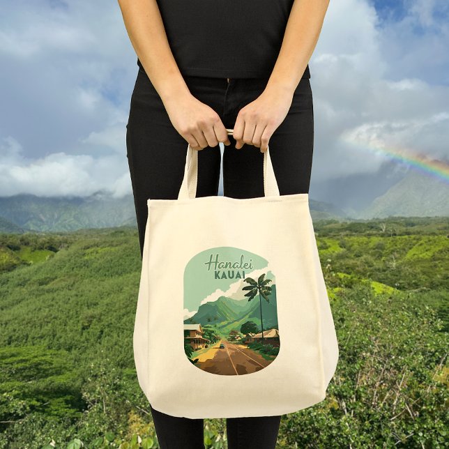 Bolsa Tote Hanalei Kauai Hawaii Bay monta verde (Hanalei, on Kauai's North Shore  in Hawaii, depicted on a retro design tote bag, and lush mountains)