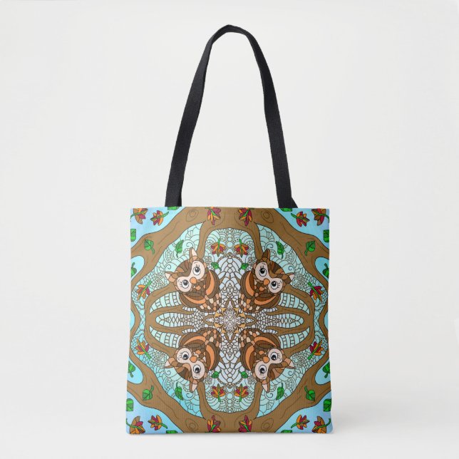 Bolsa Tote Hand Drawn Owl Mandala Trabalho de arte (Frente)