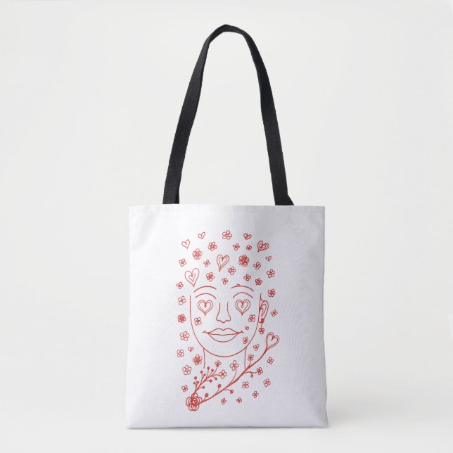 Bolsa Tote Hand-Drawn Romantic Line Art Face with Hearts and  (Frente)