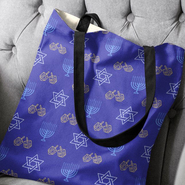 Bolsa Tote Hanukkah Dourada Dreidel Star de David Menorah Blu (Criador carregado)