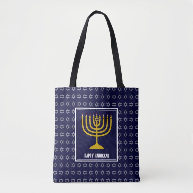 Bolsa Tote HANUKKAH Menorah Star David Personalizou Marinho A (Frente)