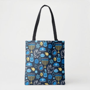 Bolsa Tote Hanukkah - Símbolos Padrão Azul