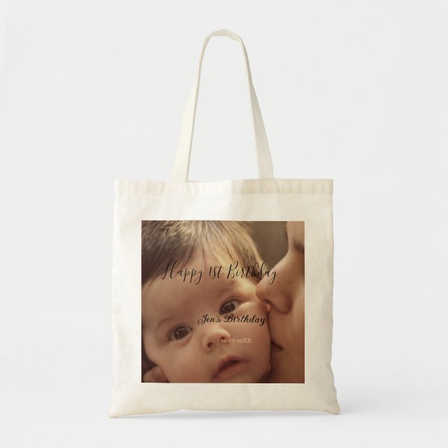 Bolsa Tote Happy 1st birthday name photo date stylish calligr (Frente)