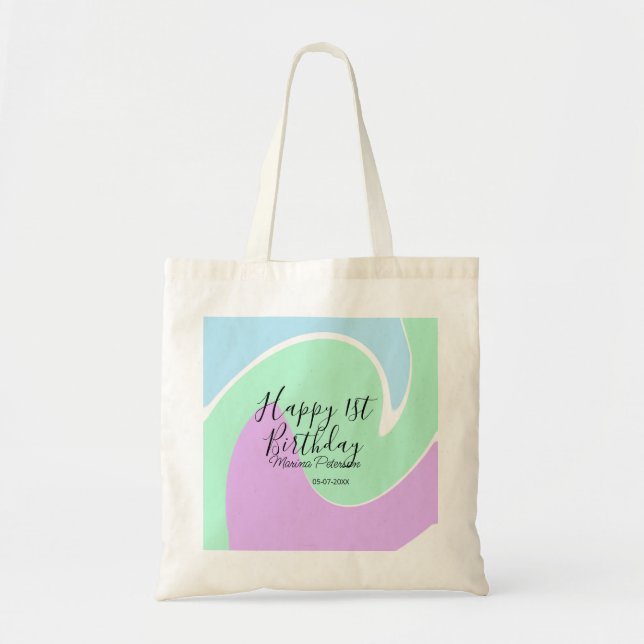 Bolsa Tote Happy 1st birthday pink green blue acrylic pour  (Frente)