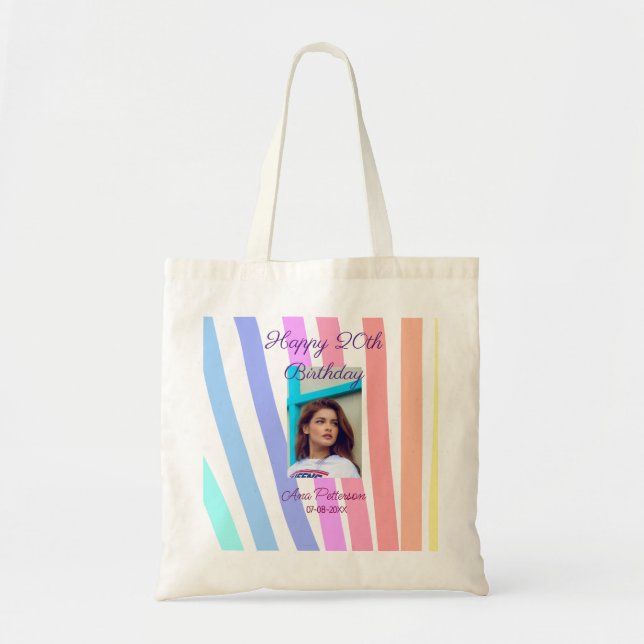 Bolsa Tote Happy 20th Birthday rainbow rustic boho lines phot (Frente)
