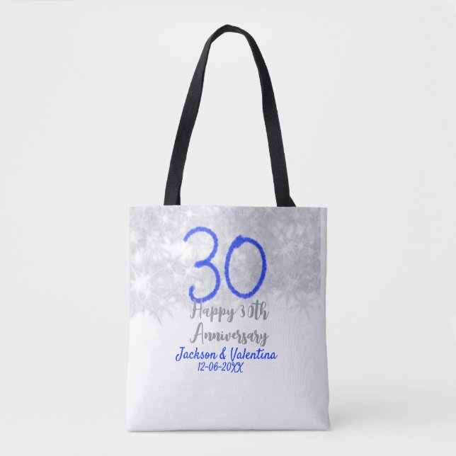 Bolsa Tote Happy 30th wedding anniversary silver blue glitter (Frente)