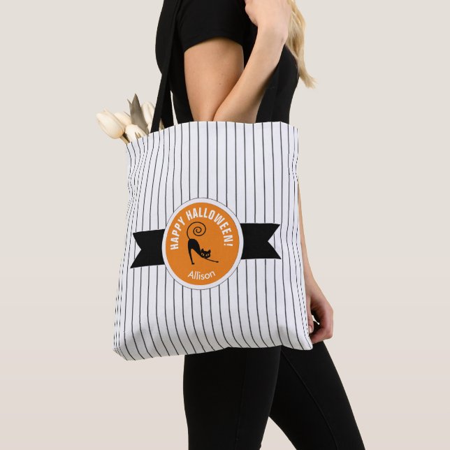 Bolsa Tote Happy Halloween Black Cat & Stripes ID686 (Close Up)