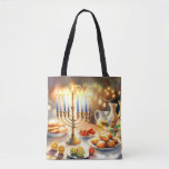 Bolsa Tote Happy Hanukkah<br><div class="desc">Ilustração de aquarela de Hanukkah. Uma mesa bem arrumada para uma comemoração festiva,  com uma menorah tradicional com velas iluminadas. Luz suave e quente,  enquanto decorações de férias adicionam um toque de alegria. Luzes quentes criando uma atmosfera acolhedora e convidativa.</div>